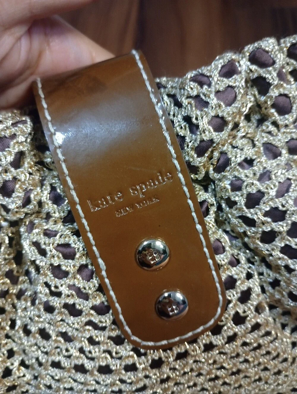 Kate Spade Wooden Handle Metallic Gold Mesh Hand Bag